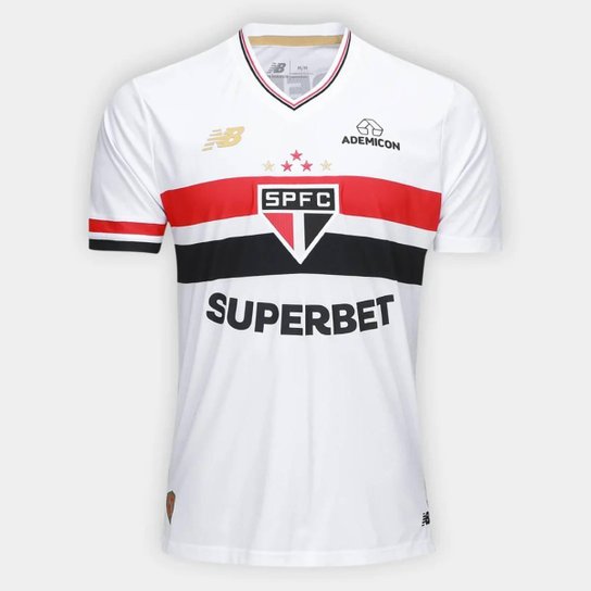 CAMISA NEW BALANCE TORCEDOR HOME SPFC 2025 MASCULINA BRANCO E VERMELHO EXGG