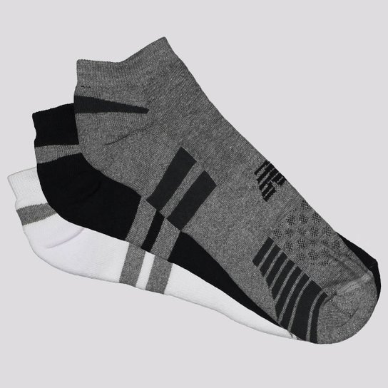 Kit Meia New Balance Cano Invisível 3 Pares Branca Preta e Cinza