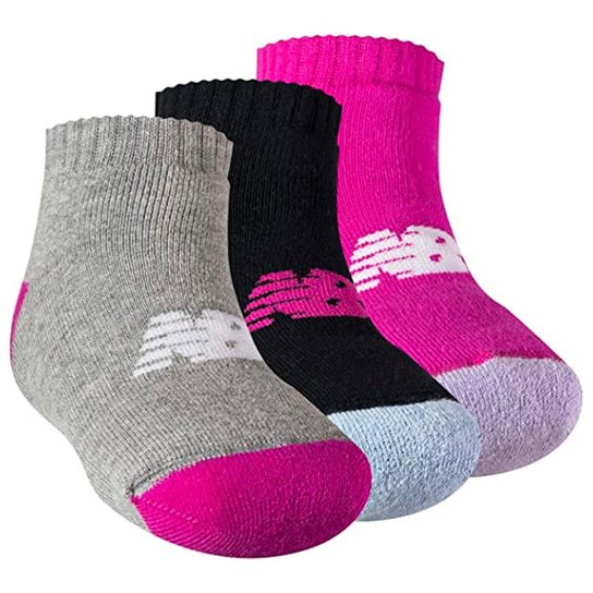Kit Meia New Balance Soq Cano Curto Atoalhada Juvenil- Cinza e Preto e Rosa Preto-cinza-rosa 33-36