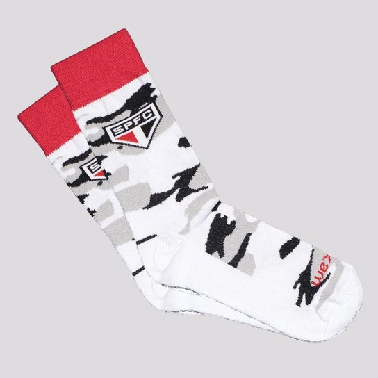 Meia São Paulo Cano Médio Escudo Juvenil Branca e Vermelha