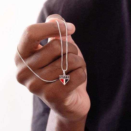 Pingente São Paulo Escudo Mini em Prata 925 Colorido + Corrente 42 cm